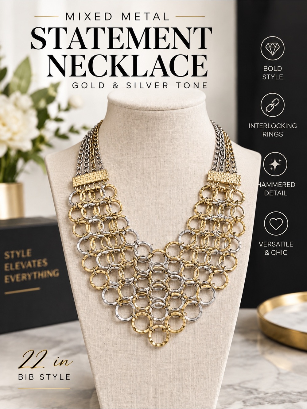 Mixed Metal Bib Statement Necklace Gold Silver Tone Hammered Rings